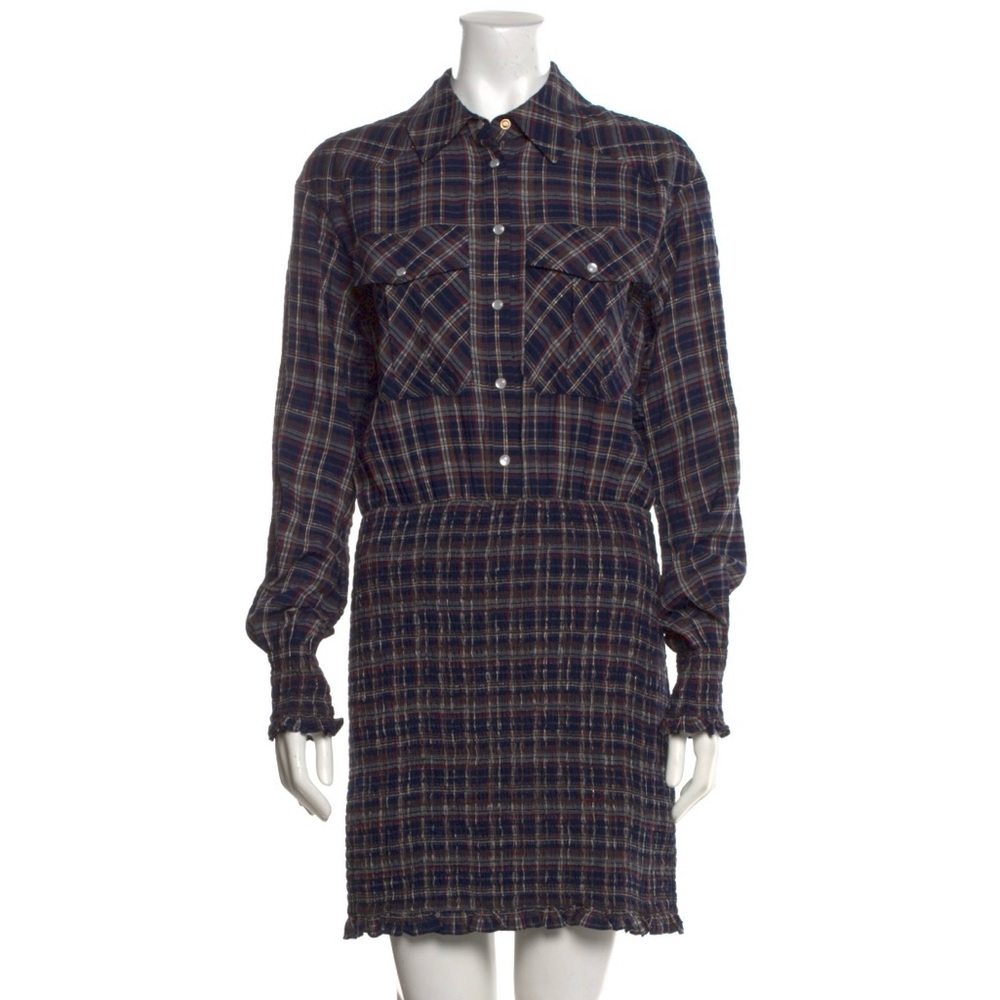Veronica Beard Melnar Mini Dress Blue Plaid Smocked Collared Long Sleeve Size 4 - Picture 2 of 7